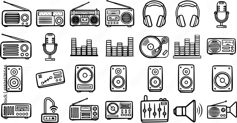 Fototapeta premium Black and White Line Art Icons of Audio Equipment: Radios, Speakers, Headphones, Microphone, Turntable, Mixer, VU Meters, Cassette