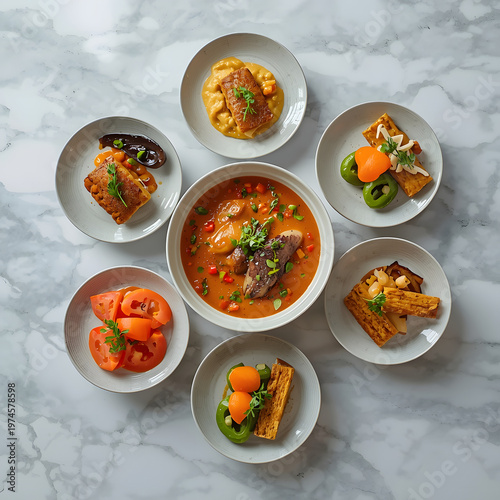 Top view of a gourmet meal arrangement with various small plates and soup