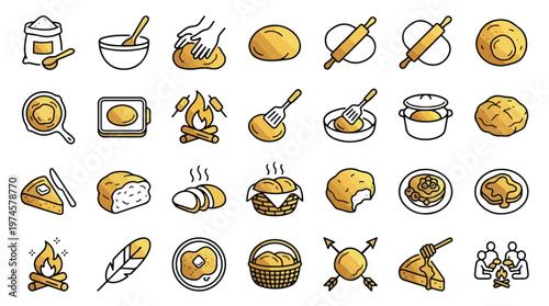 Bannock bread making icons in line style. A collection of linear icons for traditional cooking, including flour, kneading hands, dough, skillet, campfire, loaf, spatula