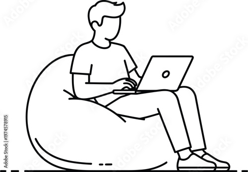 A black and white line of a young man sitting comfortably on a large, soft bean bag chair while typing on a laptop computer, isolated on a clean white background