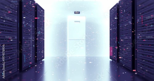 Camera moving through data center server racks with AI technology concept. Technology Related 3D Animation.