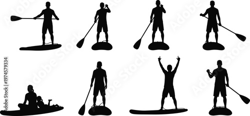 Set of stand up paddleboard silhouettes, people paddling on SUP boards vector illustrations, summer water sports activity symbols, surfing and rowing icons, outdoor recreation