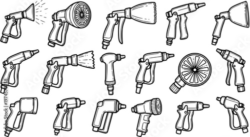 Black  White Line Art Vector Set of Garden Hose Nozzles and Water Spray Guns. Outline Collection for Gardening, Lawn Care, and Outdoor Cleaning Tasks.