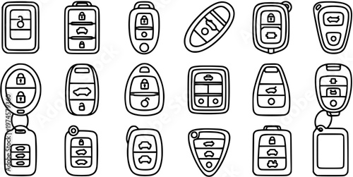 Automotive Car Key Fob Remote Control Line Art Icons Set. Black and white glyphs of modern vehicle access and ignition devices.