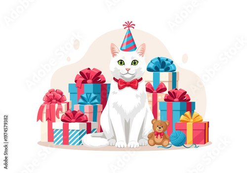 White cat with party hat and bow tie surrounded by gift boxes