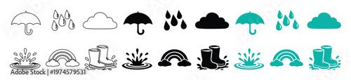 Weather icon set, 24 minimalist vector symbols for rain, umbrella, cloud, rainbow, and puddle splash. Modern climate graphics for web, app, and design projects.