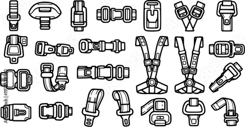 Safety Buckles and Fasteners Vector Line Art Icons Set. Automotive, Aviation, and Industrial Safety Belt Components Black Outline Collection.
