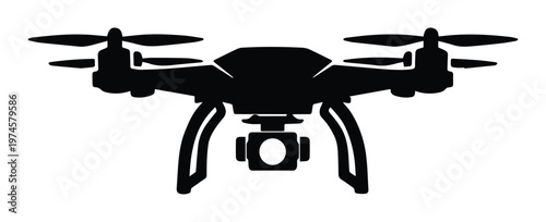 Modern drone icon, black silhouette vector illustration. Quadcopter with camera, aerial photography technology. Unmanned aerial vehicle for delivery, surveillance, and mapping.