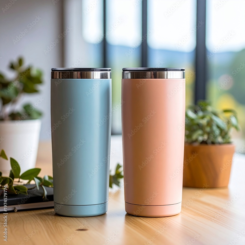 Fototapeta premium Blue and peach metal tumbler cup mockup on desk