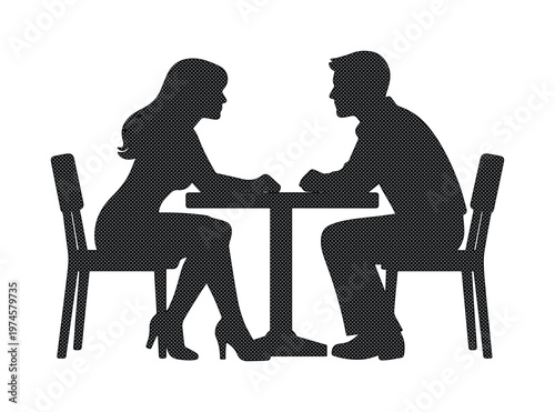 Romantic date night silhouette, couple dining at a restaurant table, elegant black vector illustration for relationship and love concepts