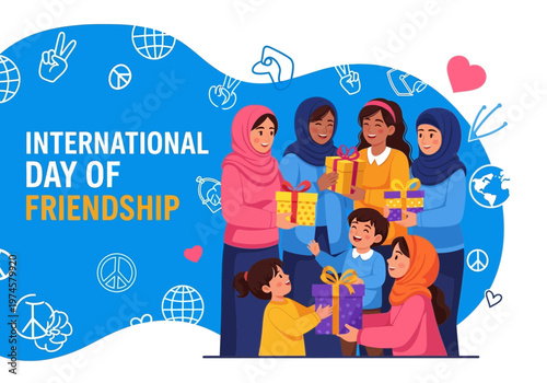International day of friendship illustration with people exchanging gifts