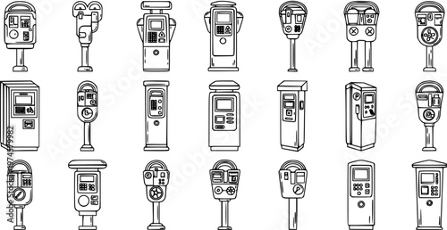 Set of Black and White Line Art Parking Meters and Pay Stations Icons for Urban Infrastructure and Transportation