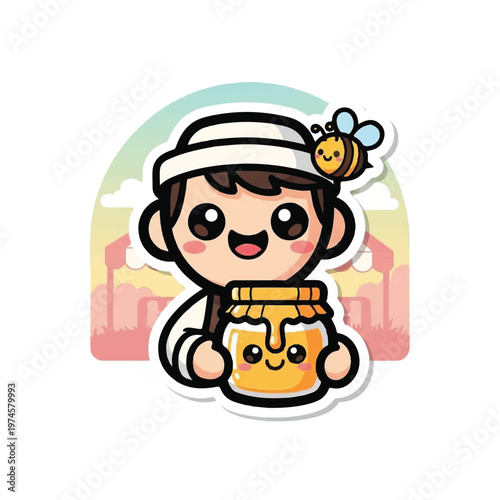 Cartoon beekeeper holding honey jar smiling.