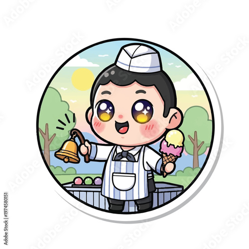 Cartoon boy holding ice cream cone.