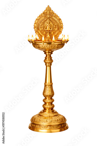 Elegant brass-style ceremonial lamp with detailed pedestal and illuminated wicks, presented as an isolated festive object suitable for worship, sacred rituals, holiday greeting artwork