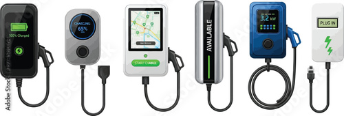 Collection of modern electric vehicle charging stations featuring diverse designs and digital interfaces isolated on a white background for sustainable energy and smart mobility concepts