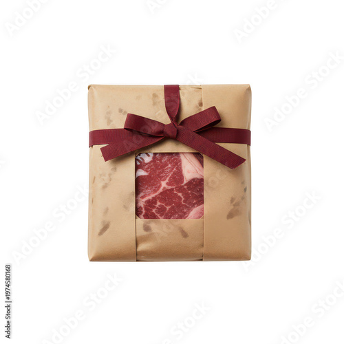Raw beef steak wrapped in brown paper with ribbon isolated on a transparent background