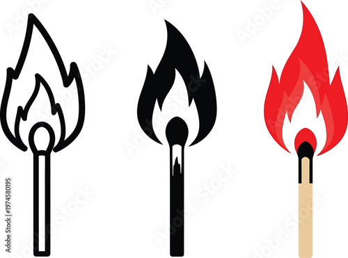 Flaming match icon. Matchstick and ignition symbol. Burning wood stick, spark and flame sign. Fire start concept representing match, ignition and flammable stick.