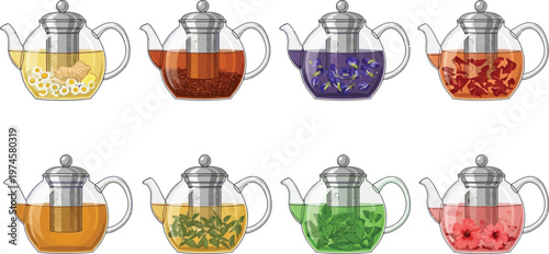 A vibrant collection of transparent glass teapots each brewing a unique herbal or fruit tea infusion ideal for healthy lifestyle concepts and beverage menus