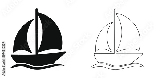 Sailboat icon collection. Includes a solid fill sailboat and an outline sailboat on waves. Created in a minimalist black and white style.
