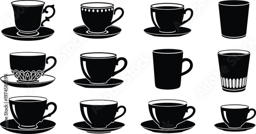 Set of tea cup and coffee mug silhouettes with saucers, porcelain drinkware icons, ceramic kitchenware and glassware vector elements for cafe menu design