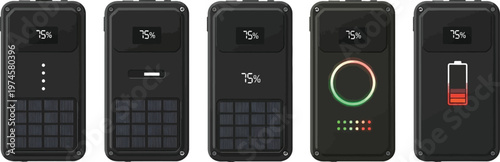 Set of portable solar power banks featuring diverse battery indicators and a compact design perfect for mobile charging and sustainable energy