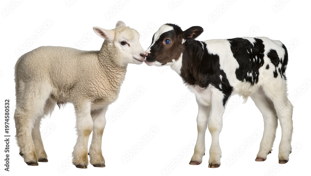 Fototapeta premium Fluffy white lamb and black and white calf touching noses, isolated on transparent background