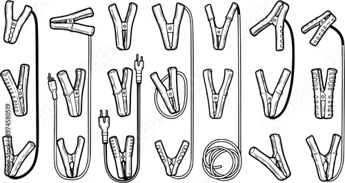 Electrical and Automotive Clamps and Connectors Line Art. Hand-drawn collection of jumper cable clips, battery terminals, and power plugs in black and white sketch.
