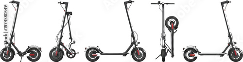 Sleek foldable electric scooter displayed in various configurations illustrating its compact design for urban commuting and personal eco-friendly transportation isolated on white