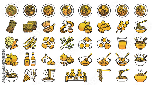 Asian Noodle and Ramen Cooking Icon Set in Linear Style. A collection of linear icons including shrimp, noodles, eggs, vegetables, wok, family eating, soup, garlic, onions, pork, citrus