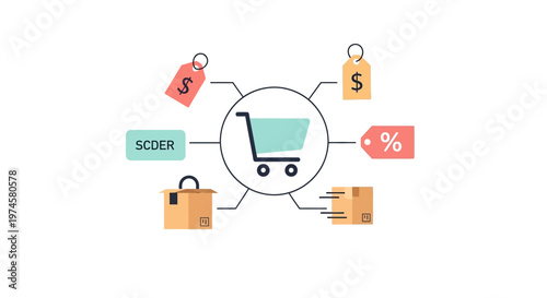 Shopping cart with bags and tags.