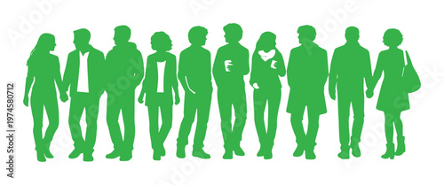 Diverse green people silhouettes, a vibrant vector illustration of a multi-ethnic group, representing community, teamwork, and social connection for modern design projects.