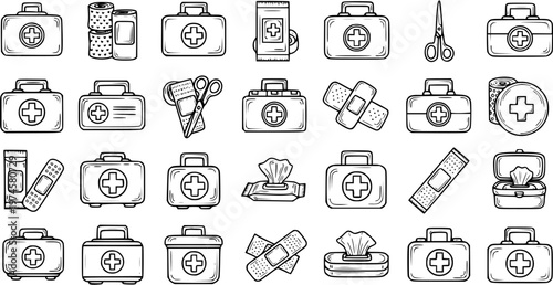 Medical First Aid Kit and Emergency Supplies Icons - Black and White Hand Drawn Line Art Doodles for Healthcare and Safety.