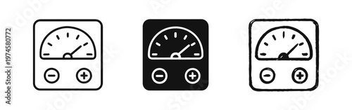 Analog meter gauge icon set with needle indicator and plus minus buttons, in outline, solid, and hand-drawn styles.