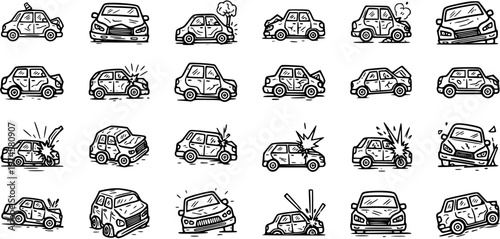 Black and White Line Art Icons of Damaged Cars, Car Accidents, and Wrecks