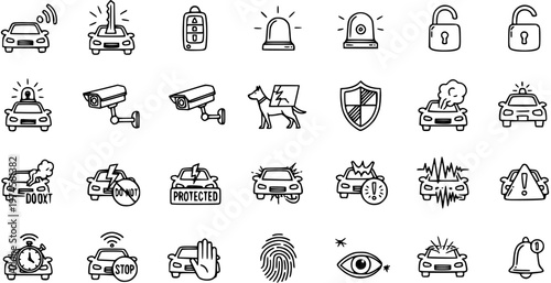 Automotive Car Security Icons Set. Hand Drawn Doodle Line Art Symbols for Vehicle Alarm, Protection, and Safety Systems.
