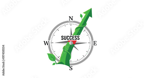 A white compass with black cardinal points and degree markings is pierced by a green arrow wrapped in leafy vines, pointing upwards on a plain white background.