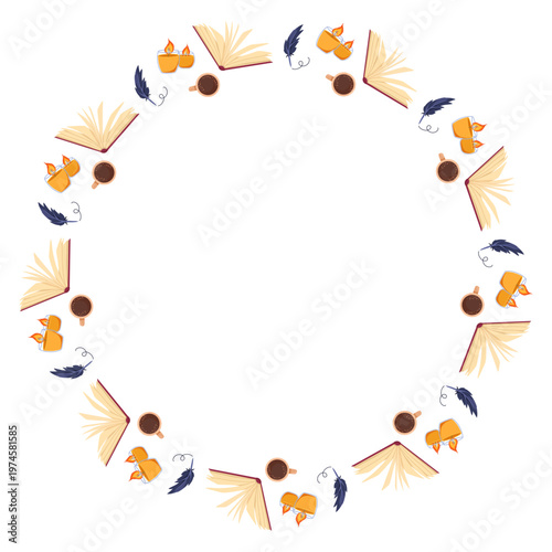 Circle frame with opened books, ink feather, candles. Poet core. Writer aesthetic. Vector hand drawn template with copy space for bookstore, bookshop, library, postcard, poster, invitation, book club