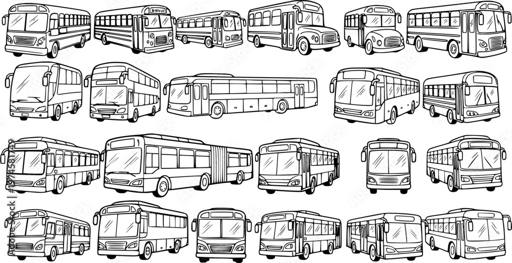 Naklejka premium Black and White Line Art Collection of Various Bus Types for Transportation Industry Vector