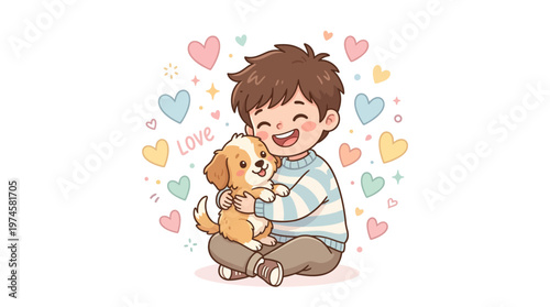 Boy Holding Cute Golden Puppy.