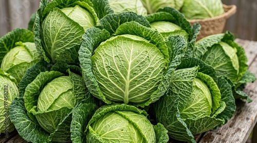 Vibrant macro photography of a large dense pile of freshly harvested organic green cabbages, showcasing the intricate crisp leaf textures.