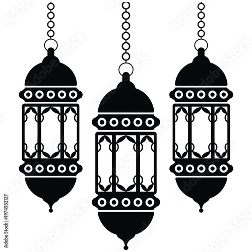 Arabic lantern set silhouette illustration featuring three different hanging lamps with geometric patterns for religious events.