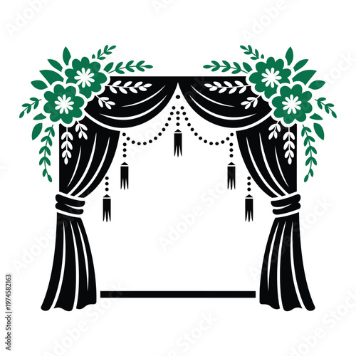Wedding arch decoration with black curtains and green floral elements isolated on transparent background for event design concept.