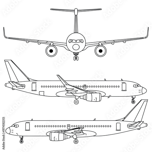 Aircraft blueprints set, airplane front, side, and isometric views, plane line drawings isolated on transparent background.