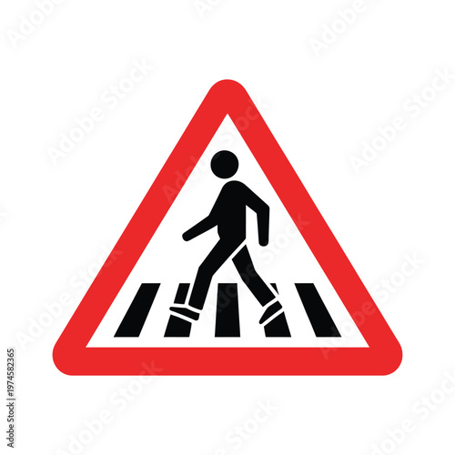 Pedestrian crossing warning sign with black silhouette of person on crosswalk and red triangle border isolated on transparent background.