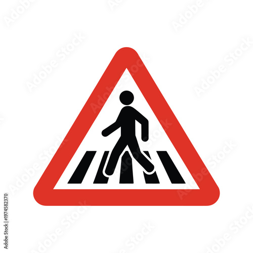 Red warning sign, pedestrian crossing, black silhouette of man walking on crosswalk, vector illustration on transparent background.