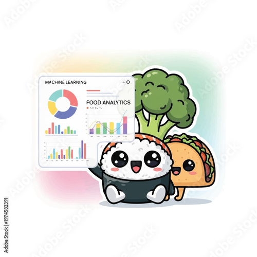 Cartoon panda eating broccoli and taco.