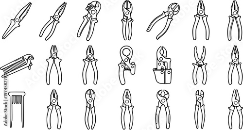 Industrial Pliers and Cutters Black and White Line Art Icons Set for Repair, Construction, and DIY Projects