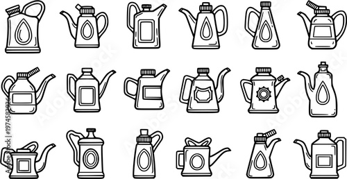 Automotive and Industrial Oil Cans and Oilers Vector Illustration Set in Black and White Line Art Style for Lubrication and Maintenance