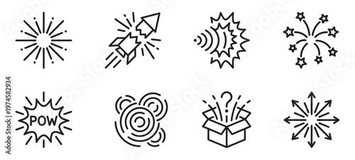 Explosion and fireworks icon set. Comic speech bubbles and blast effects vector silhouettes. Vector Illustration.	
